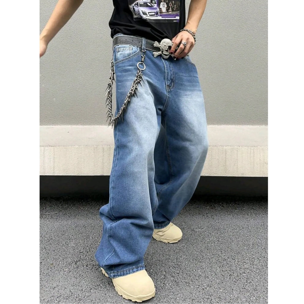 Men's sky blue straight leg jeans in cotton denim with loose fit, zip fly and casual style