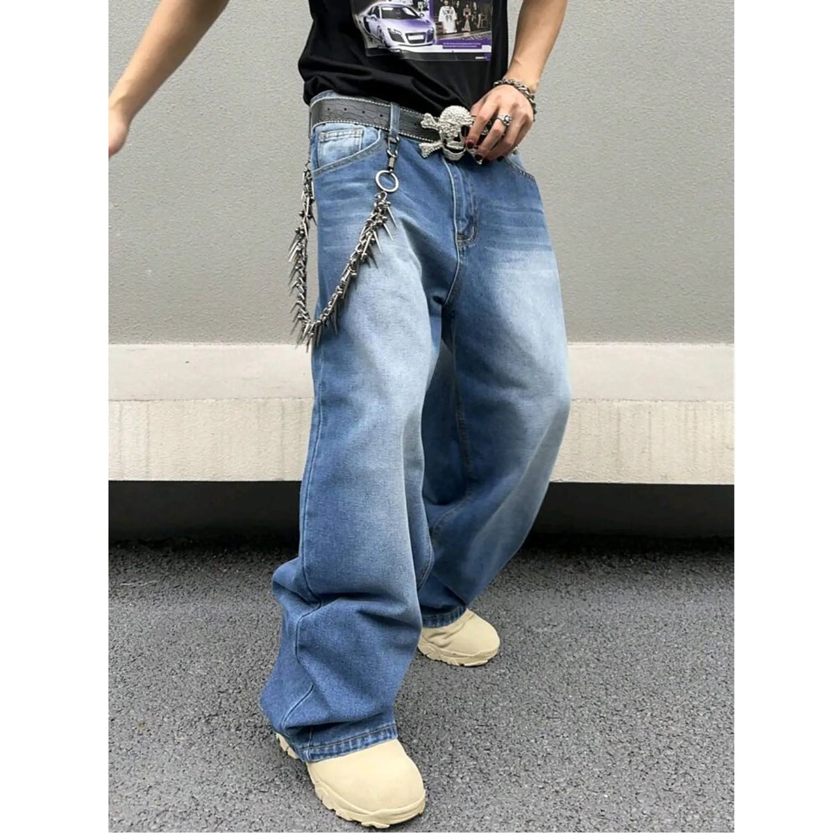 Men's sky blue straight leg jeans in cotton denim with loose fit, zip fly and casual style