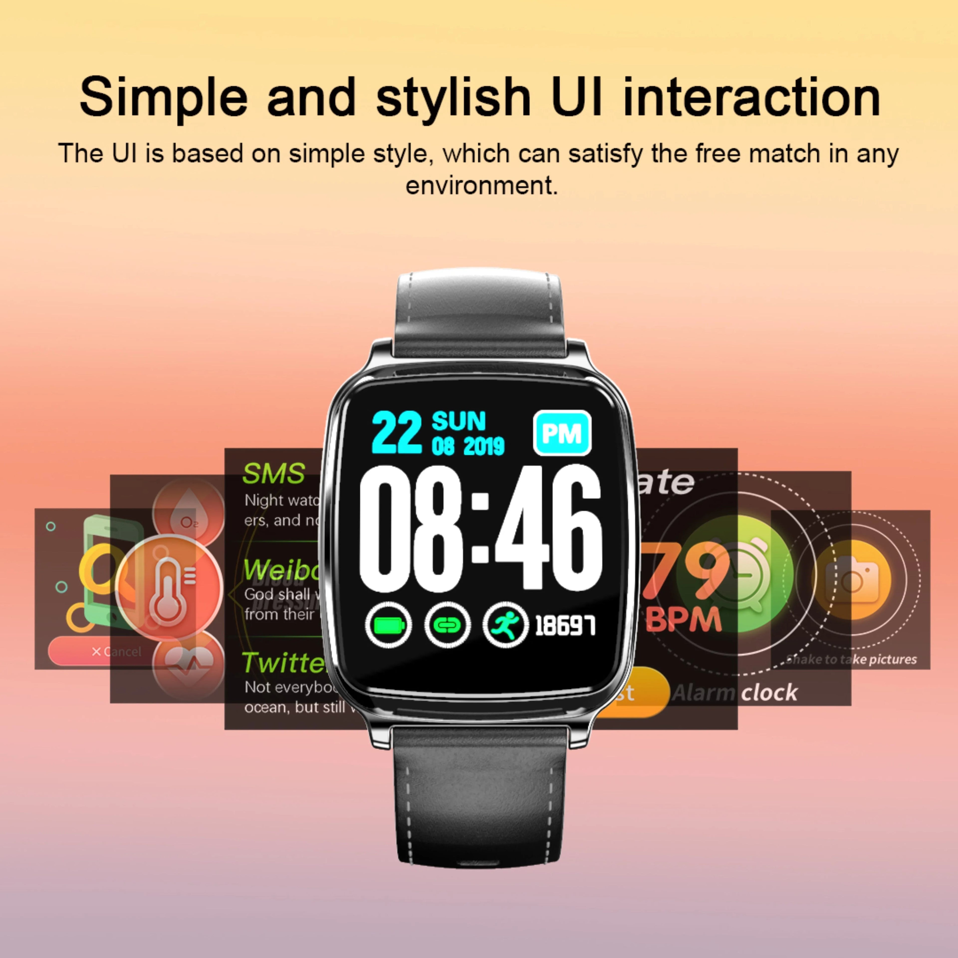 M8 smart fitness bracelet in black on a wrist, showing heart rate data on its full-touch screen.