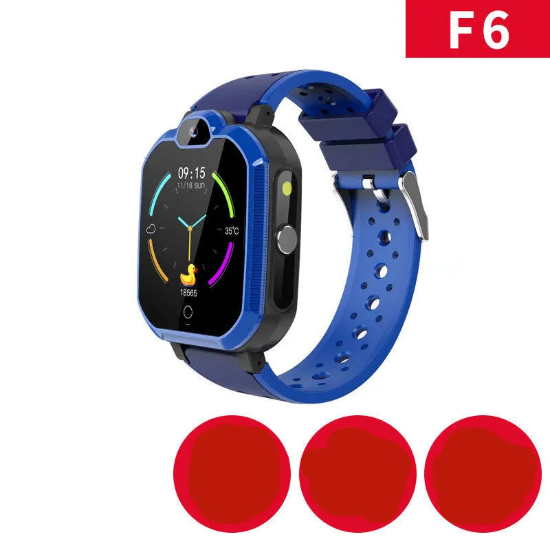 Blue children's GPS smartwatch with a silicone strap and a 1.44-inch touchscreen displayed on a wrist.