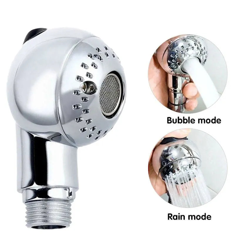 Silver handheld shower head for gentle pet and baby bathing without pressure.