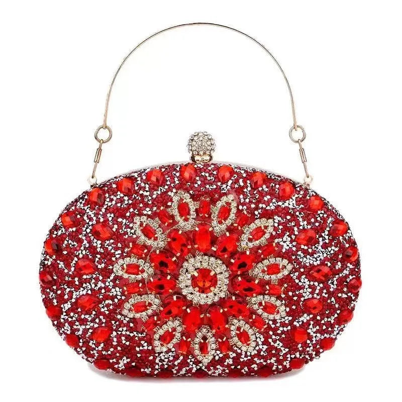 Gold hardware and rhinestone banquet handbag with structured retro design measuring 20cm wide