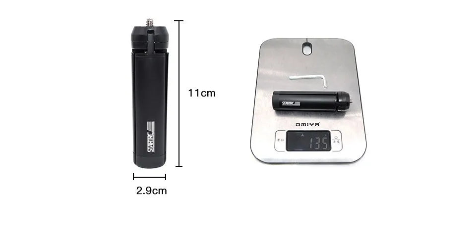 Silver aluminium alloy phone bracket for iPhone shown in clip and tripod style next to a mobile phone.