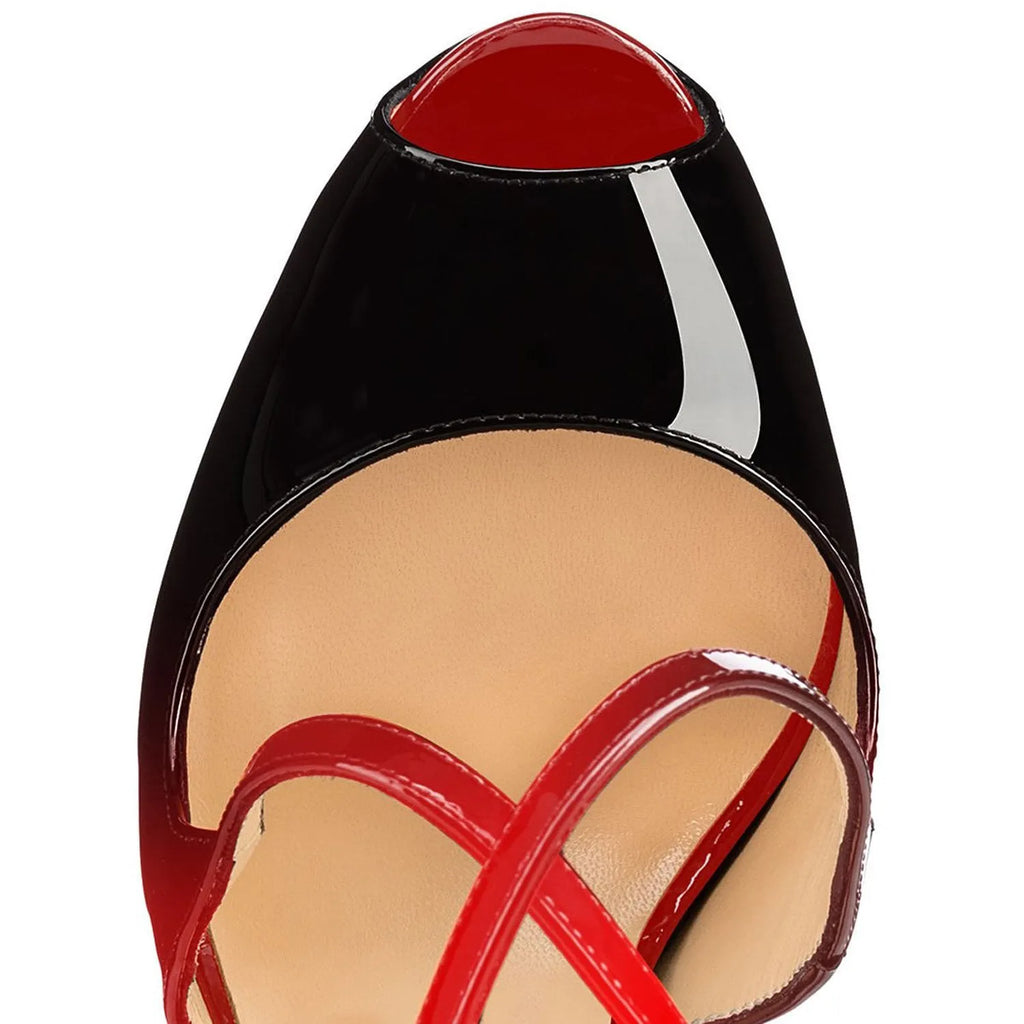 Black and red women's peep toe high heel shoes with matching cross ankle straps