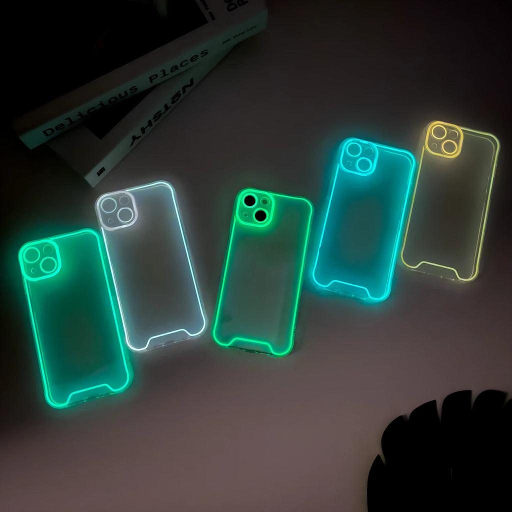 Glow in the dark Christmas soft TPU phone case for iPhone on a dark background, showing green colour.
