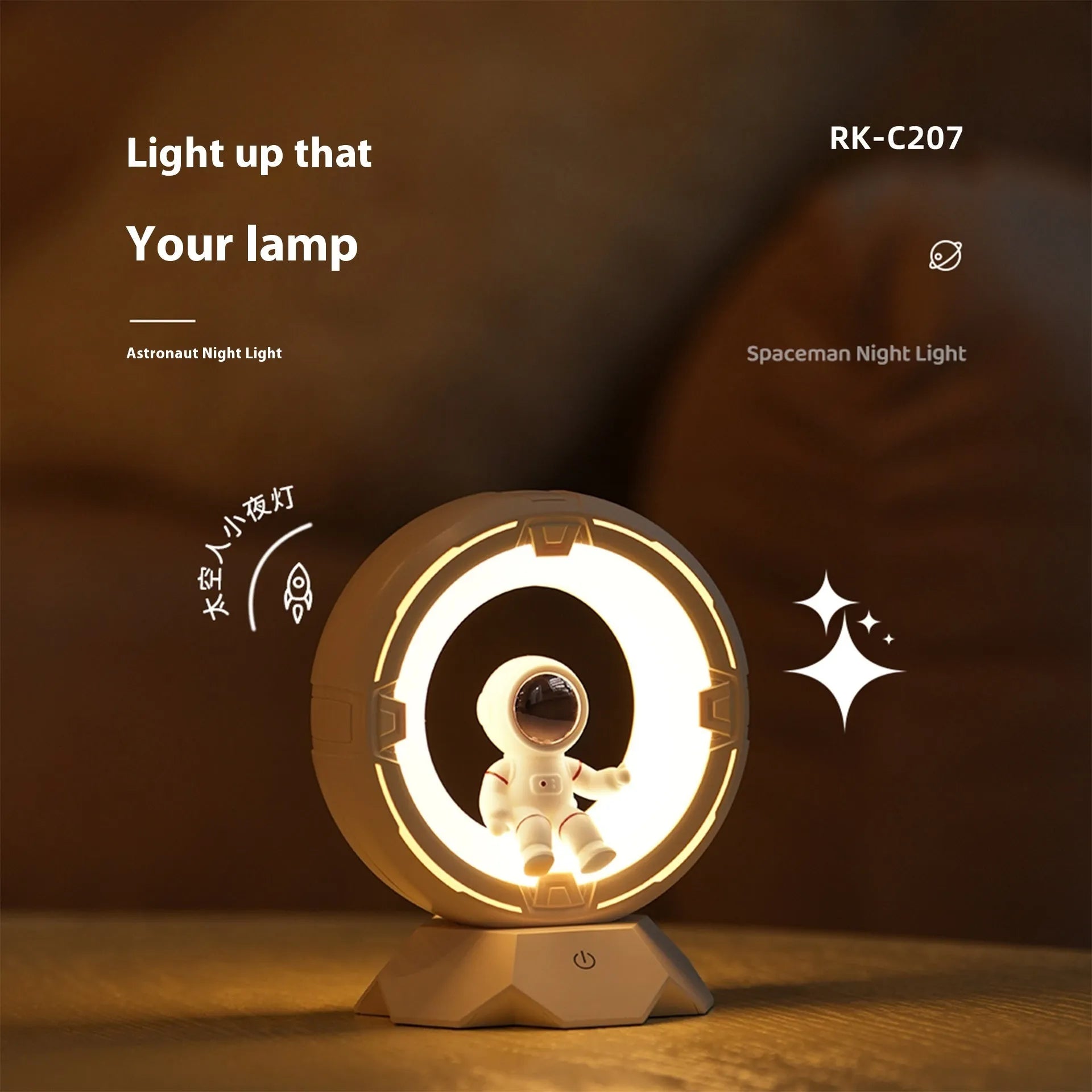 Creative astronaut LED small night lamp in white, 4.4W, compact tabletop size 12.8x10.2x15cm