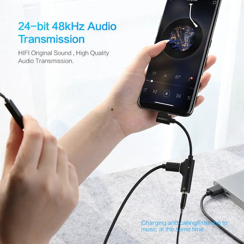 Lighting audio charging splitter adapter black anodised aluminium alloy 5V1A with earphone and charging cable connected