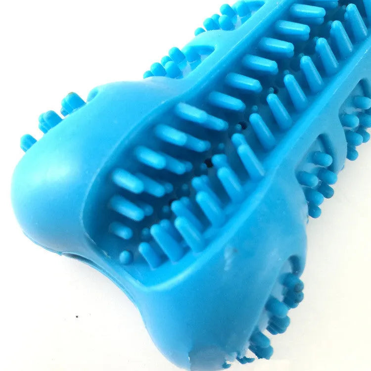 Bone-shaped silicone dog toothbrush with bristles on all sides and top toothpaste hole, in blue or green.