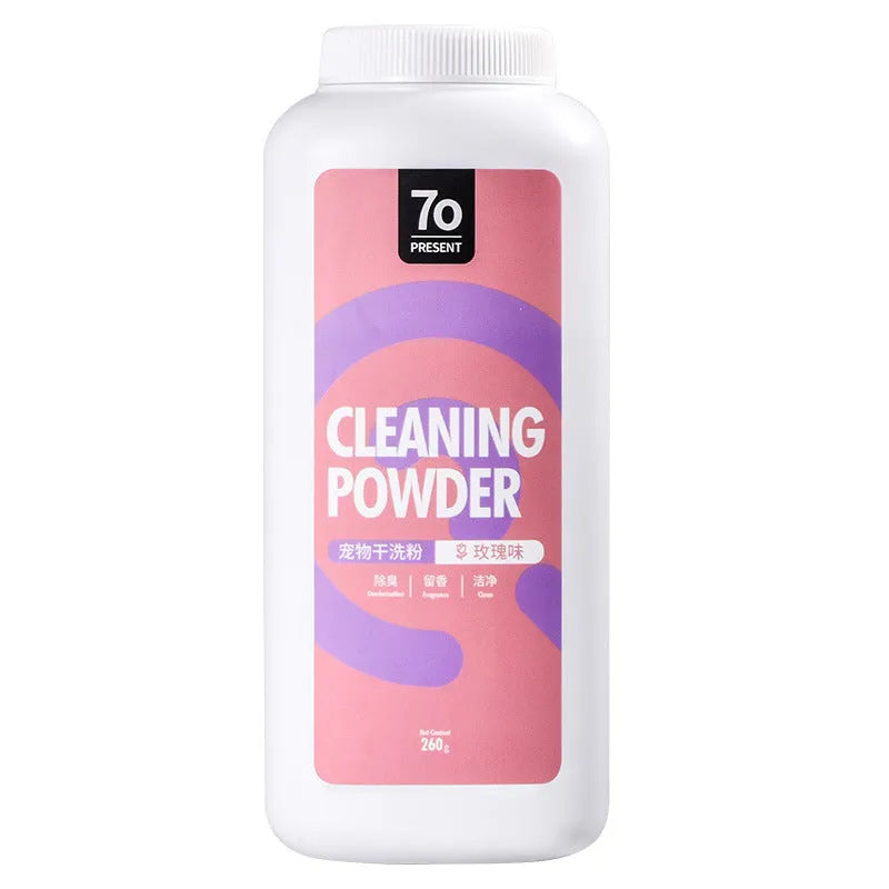 Bottle of dog dry cleaning powder deodorant, 260g, with Rose, Seville Orange and Menthol flavour options.