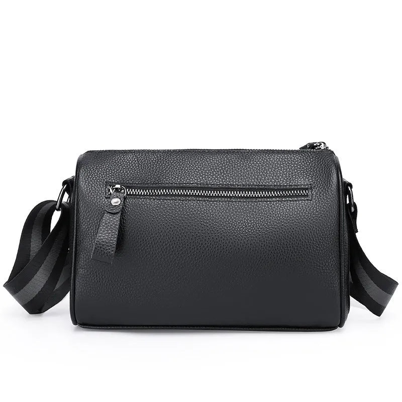 Black genuine leather one-shoulder crossbody bag with dimensions 24cm x 16cm x 13cm