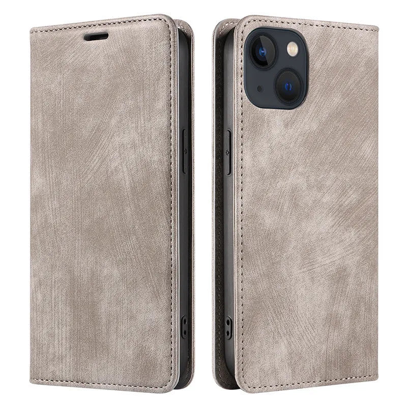 Black magnetic leather flip phone case for iPhone shown closed and open, displaying interior TPU shell and precise port cutouts.