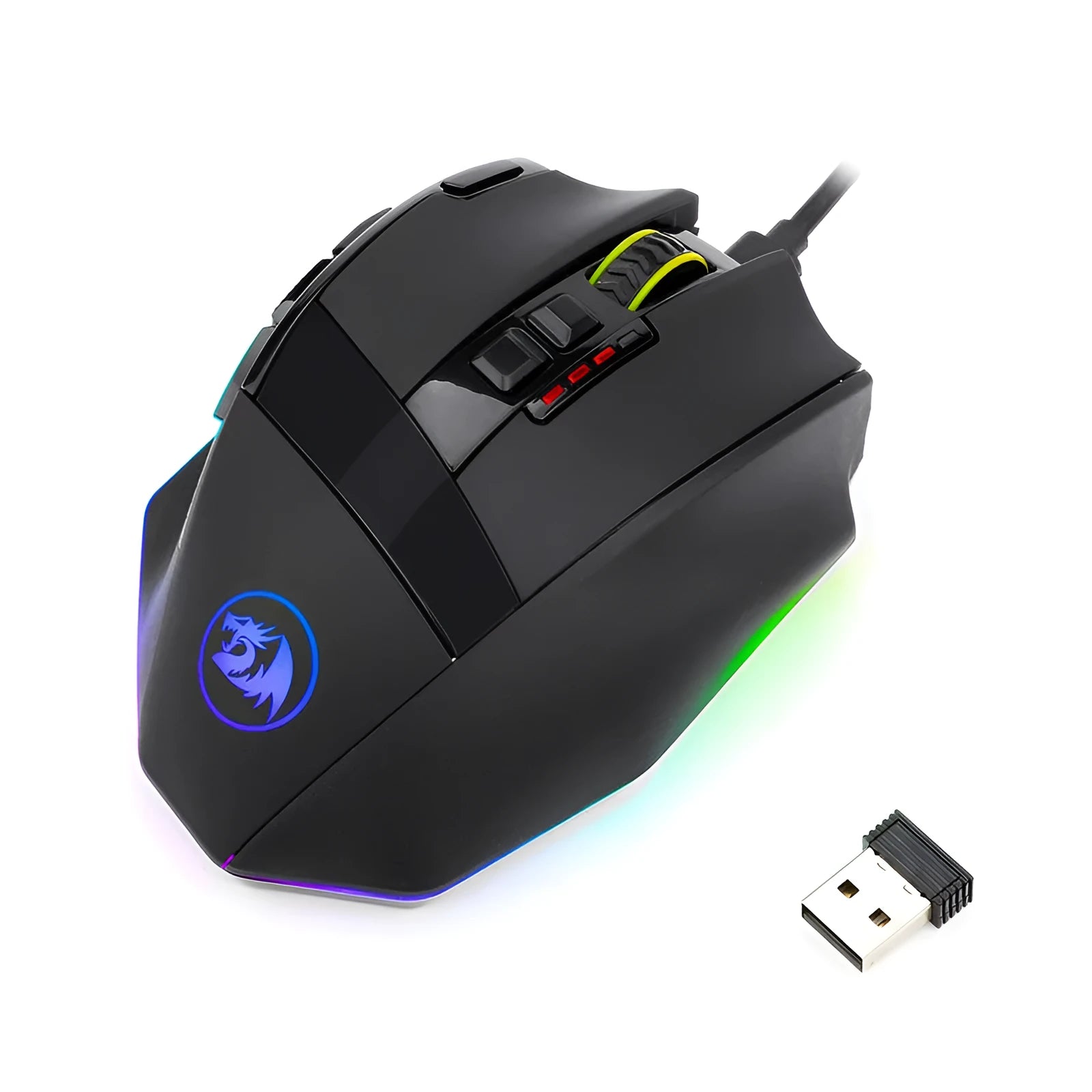 Black Redragon M801P dual-mode wireless and wired gaming mouse with nine buttons.