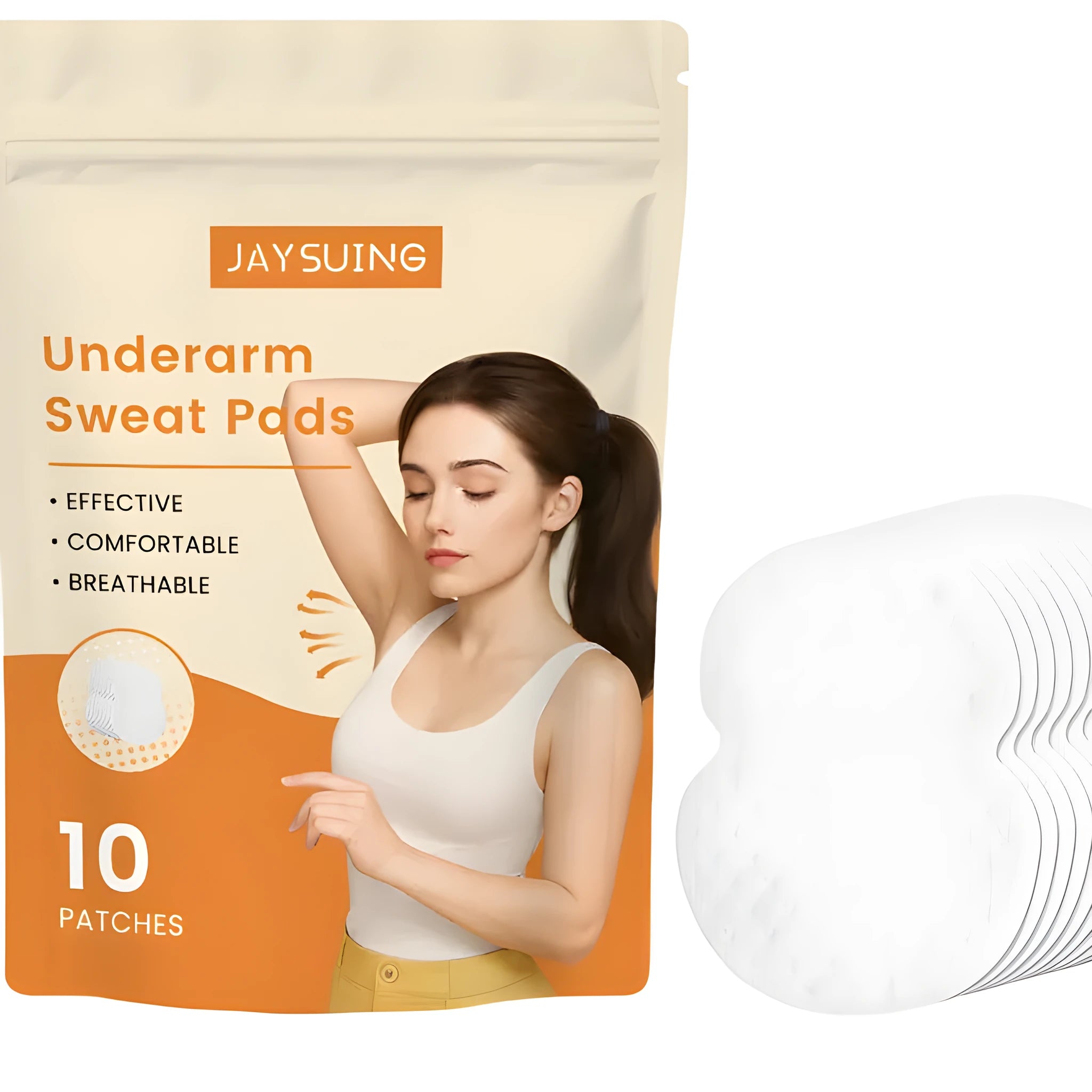 Pack of 10 white underarm sweat absorbing patches with adhesive backing