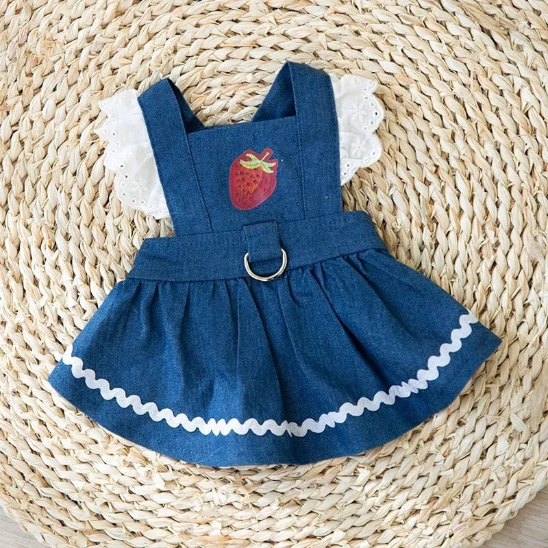 Bondi Blue strawberry traction denim skirt dog clothes for small dogs in sizes XS to XL.