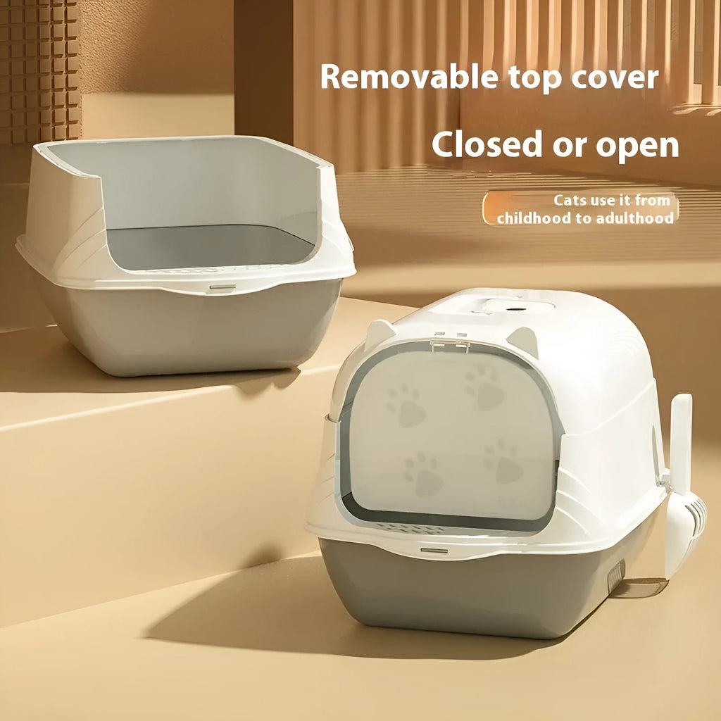 Oversized enclosed cat litter box in grey PP plastic with high sides and privacy top
