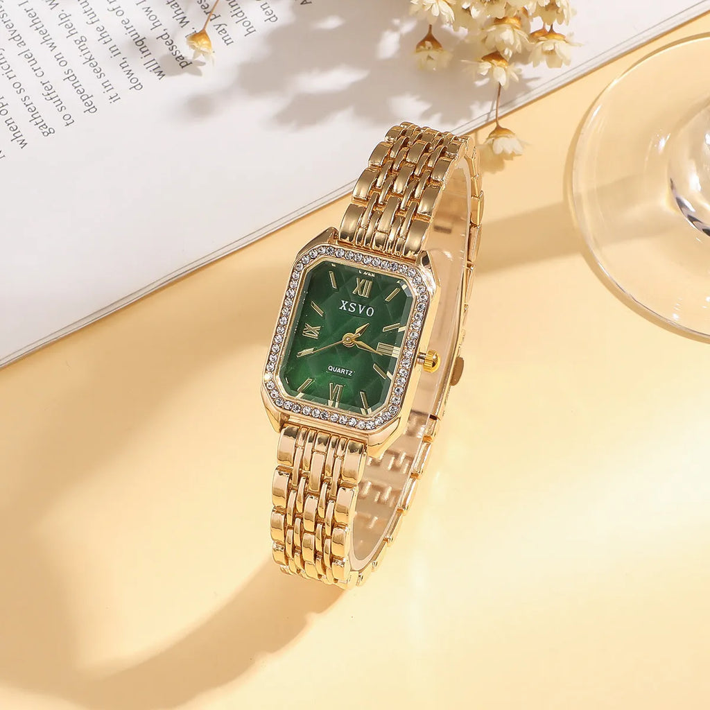 Gold green women's square watch with four matching bracelets showing 25mm dial and alloy construction