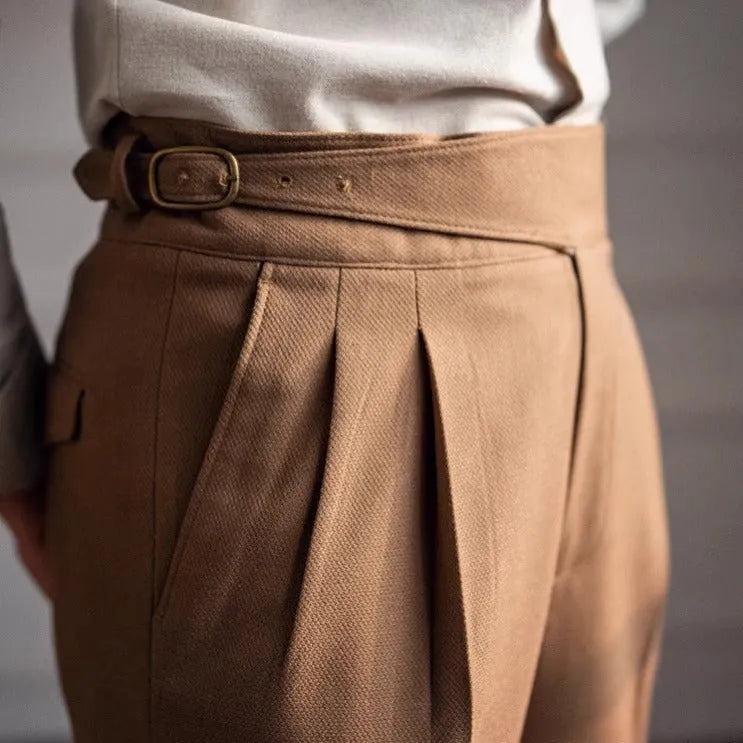 Men's high waist straight leg casual trousers in black, white, khaki, and coffee brown colours