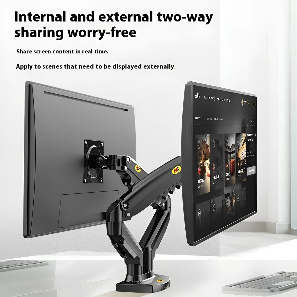 Aluminium dual monitor desk stand holding two screens, with mechanical adjustment arms.