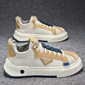 Men's beige and black low-top casual sneakers with an elastic band and round toe.