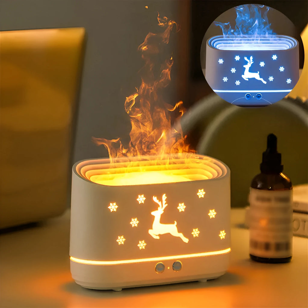 White round elk flame humidifier diffuser with USB cable, showing flame effect from mist and light on a desk