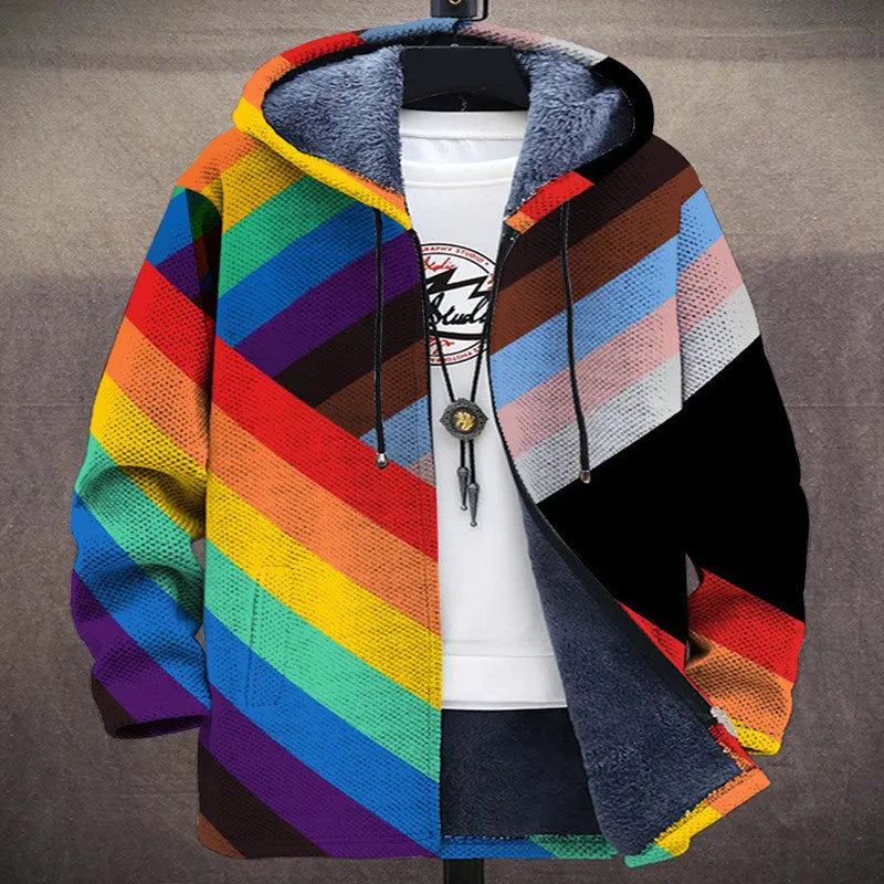 3D digital printed standing collar pullover jacket for men in loose fit polyester outerwear with side pockets