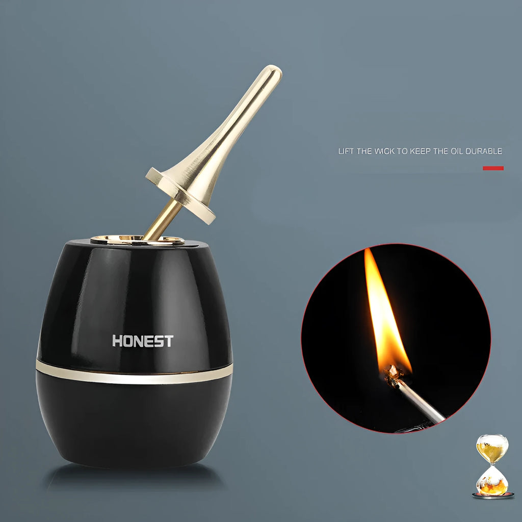 Metal oil-electric hybrid lighter in light black finish with USB charge port and visible flame indicator, 135 x 60 mm