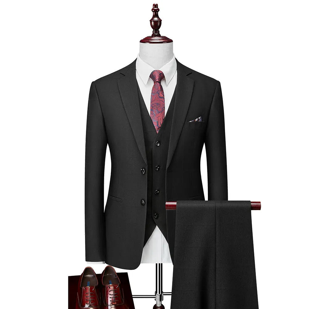 Men's navy blue plaid slim fit three-piece business casual suit with vest, jacket and trousers