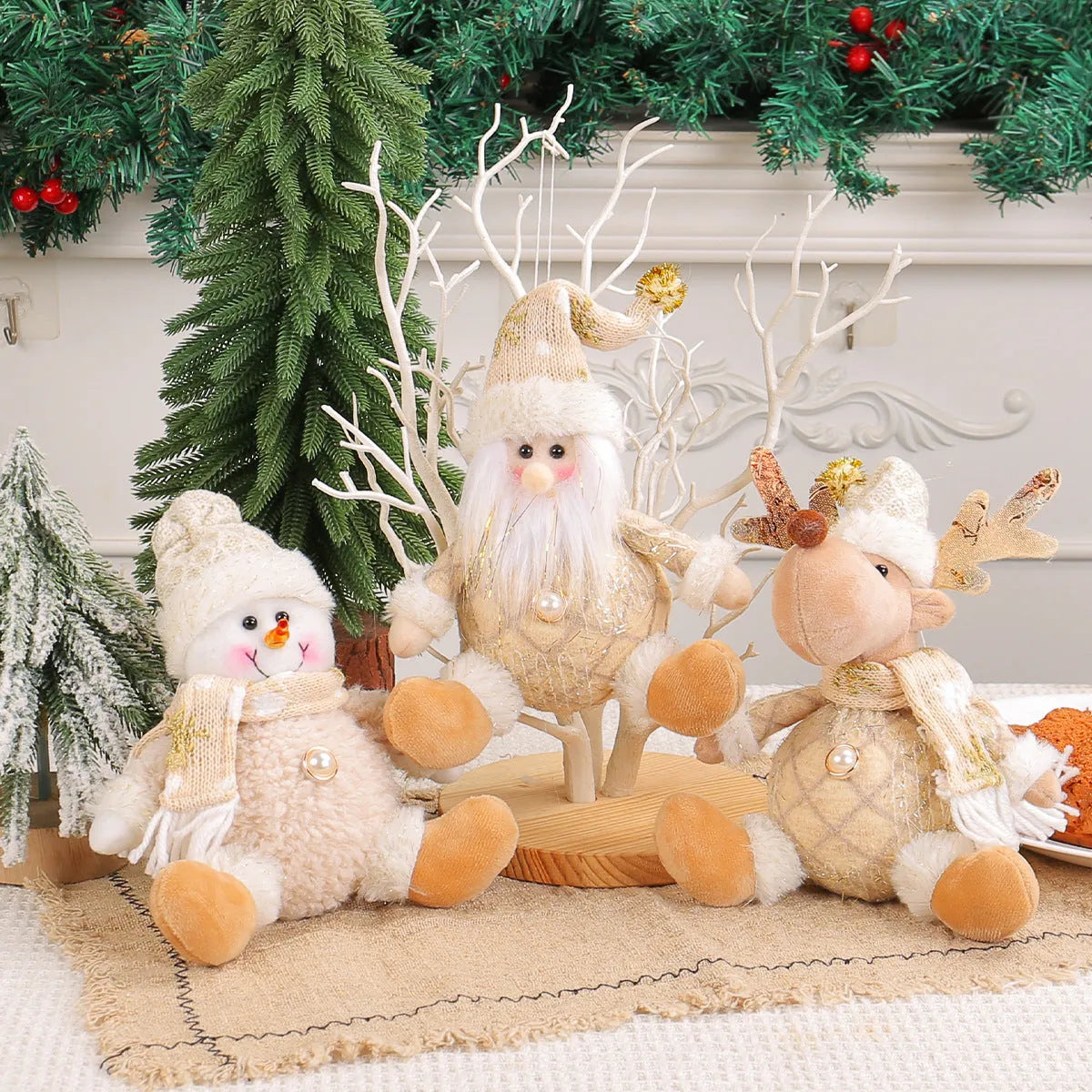 Santa Claus doll Christmas tree pendant with deer and snowman scene layout, made from mixed materials