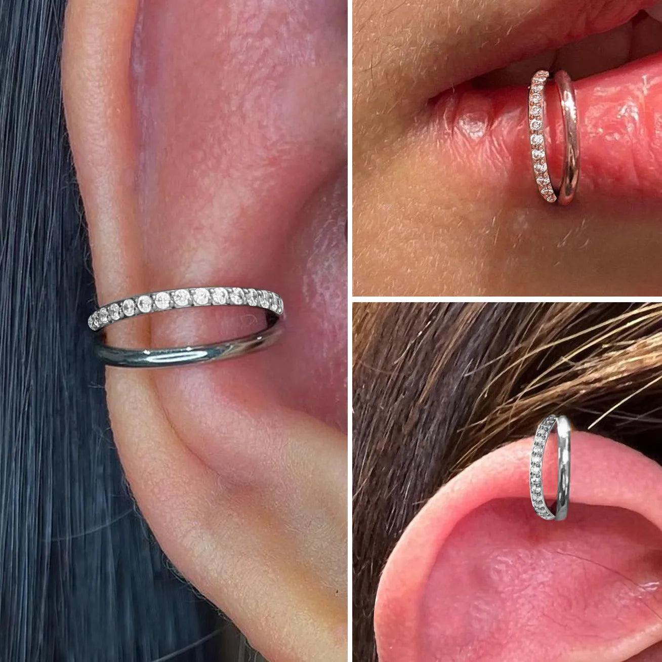 F136 titanium alloy fork nose ring body jewellery in silver, shown next to size options.