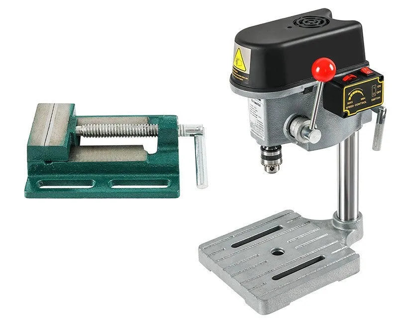 240W bench drill and milling machine on a workbench with heavy-duty steel clamping pliers.