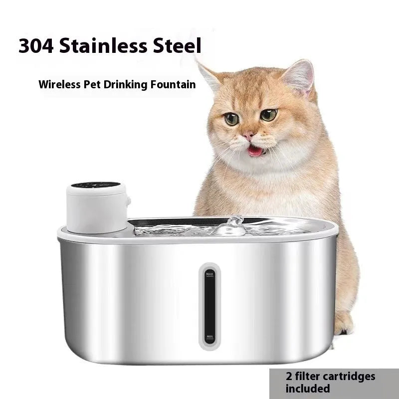 Silver non-plug-in infrared induction pet drink fountain made from all stainless steel with 4000mAh capacity