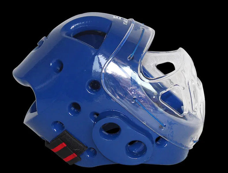 Karate helmet for boxing training in white, blue, or red colours with size options S, M, L, XL