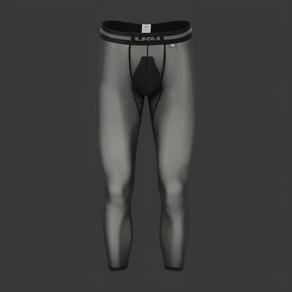 Sexy men's high-elasticity ice silk sports fitness leggings in solid colour black, front view