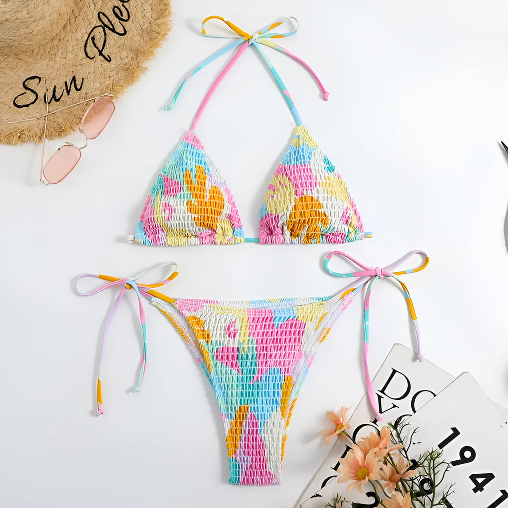 Multicolour floral printed women's triangle bikini with smocking craft details on the fabric.