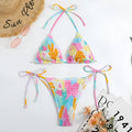 Multicolour floral printed women's triangle bikini with smocking craft details on the fabric.