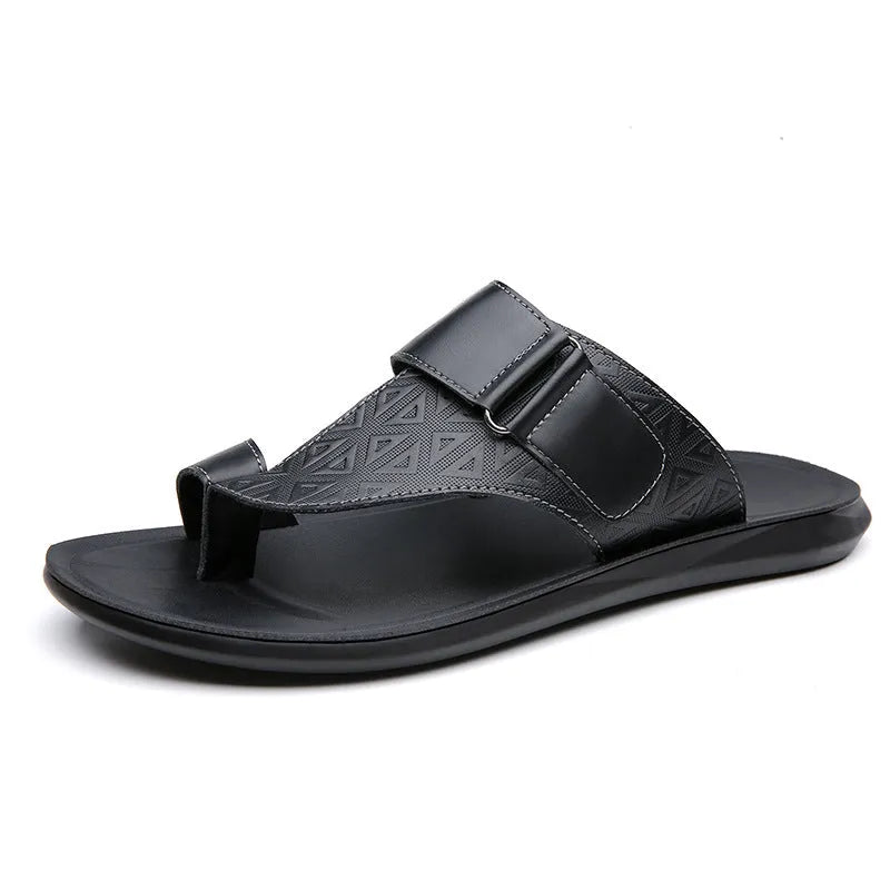 Men's casual open-toe beach slippers in light brown with a two-layer cowhide upper and rubber sole.