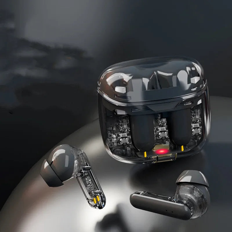 Black wireless Bluetooth earbuds in a transparent plastic charging case on a white background
