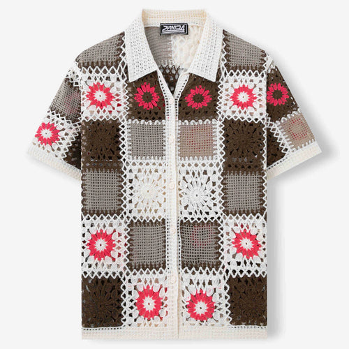 White crochet sweater dress with retro ethnic hollow pattern and short sleeves