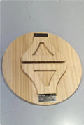 Wooden clip-on sofa tray table with carved surface in bamboo colour, attached to armrest holding snacks and remote