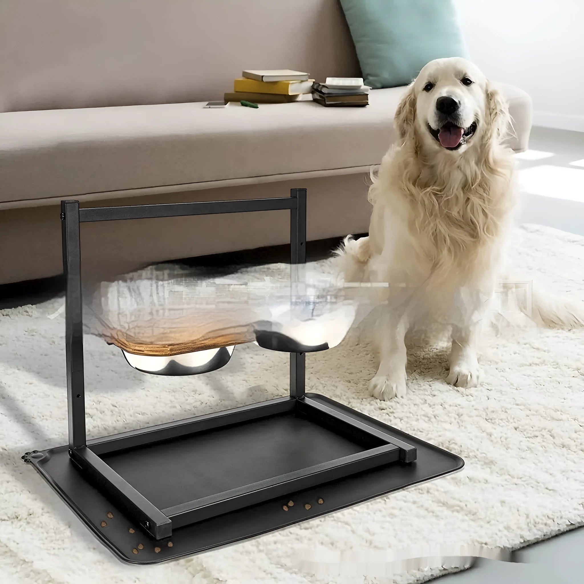 Black iron elevated dog bowl rack holding two separate pet food and water bowls