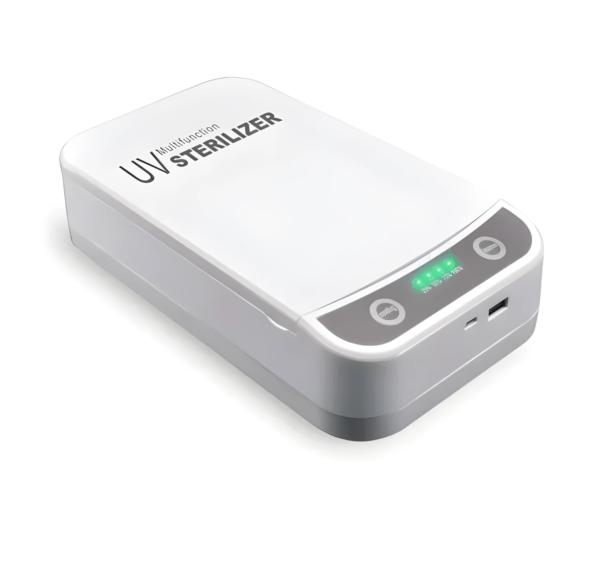 UV disinfection box with internal chamber for phones up to 6.5 inches, showing USB ports.