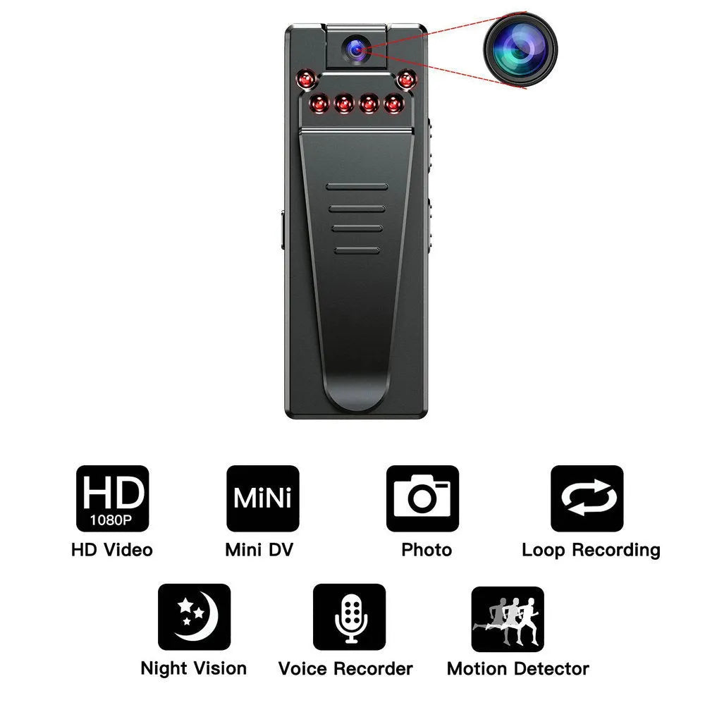 Black HD DV home camera on a stand with a rotational lens, shown as a dashcam and action camera.
