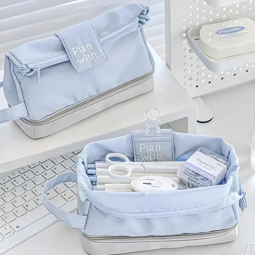 Folding double layer student pencil case in polyester, shown in dark blue, blue, and cream white colour options.