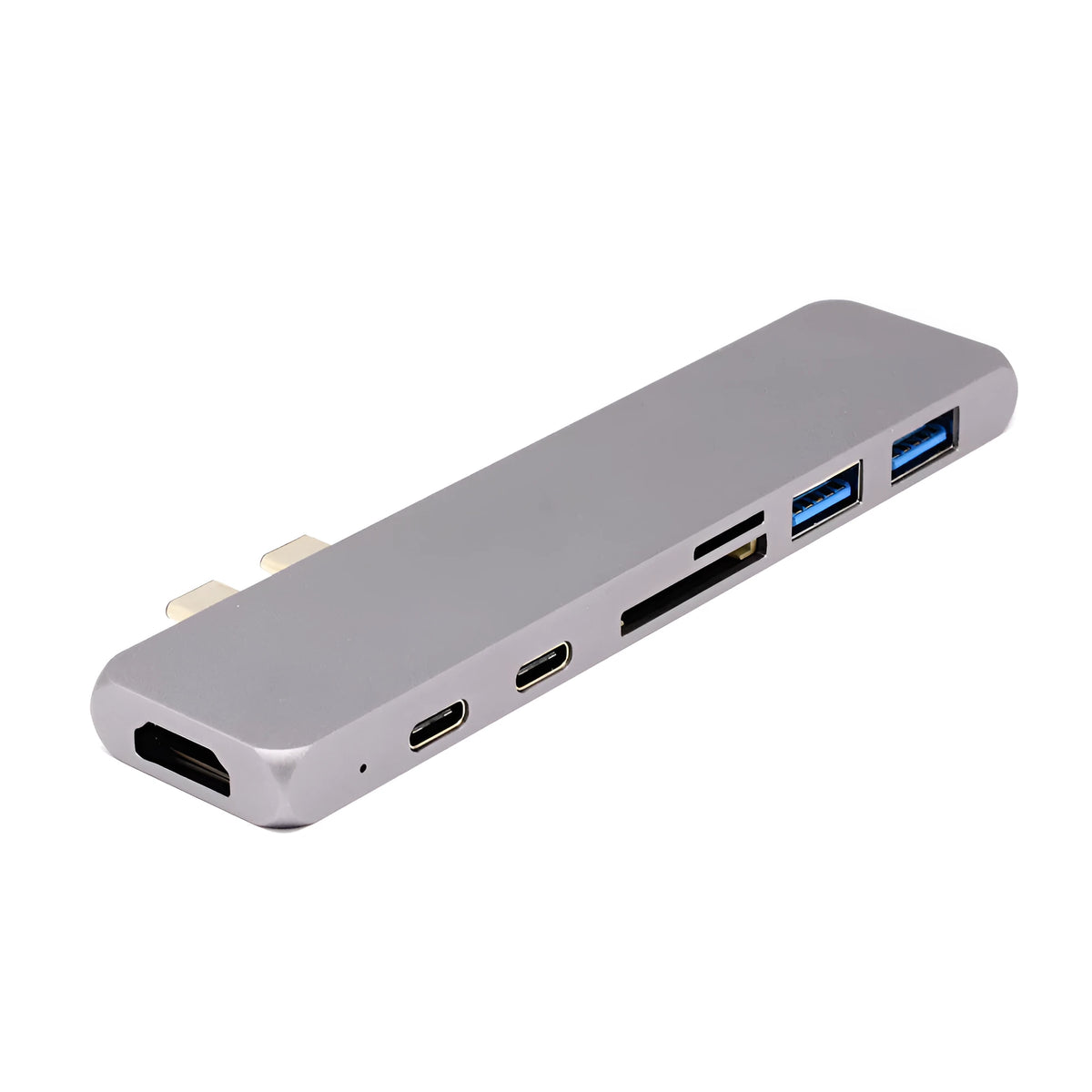 Dual Type-C hub T-808 seven-in-one docking station with HDMI 4K and USB-C PD charging in silver
