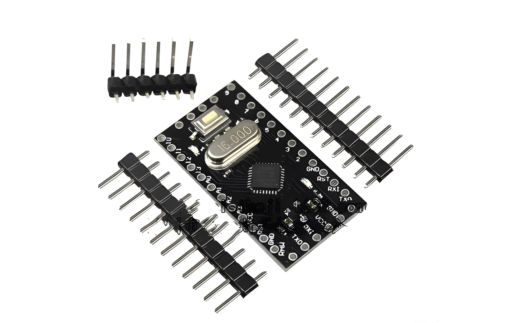 Mini Pro professional version microcontroller circuit board showing pin headers and Atmega328P-AU chip.
