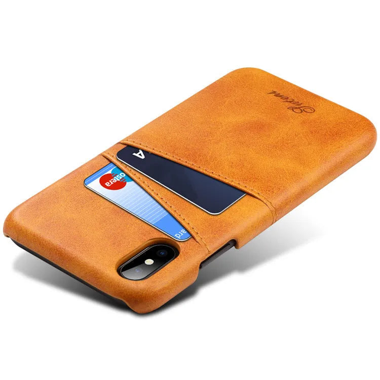 Slim black PU leather wallet phone case showing two card slots and phone model cutouts