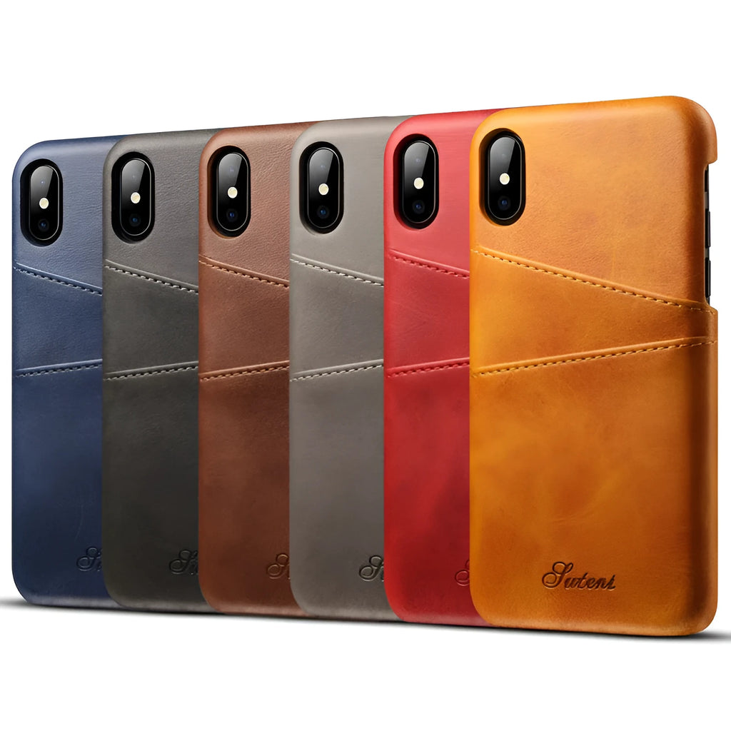 Slim black PU leather wallet phone case showing two card slots and phone model cutouts