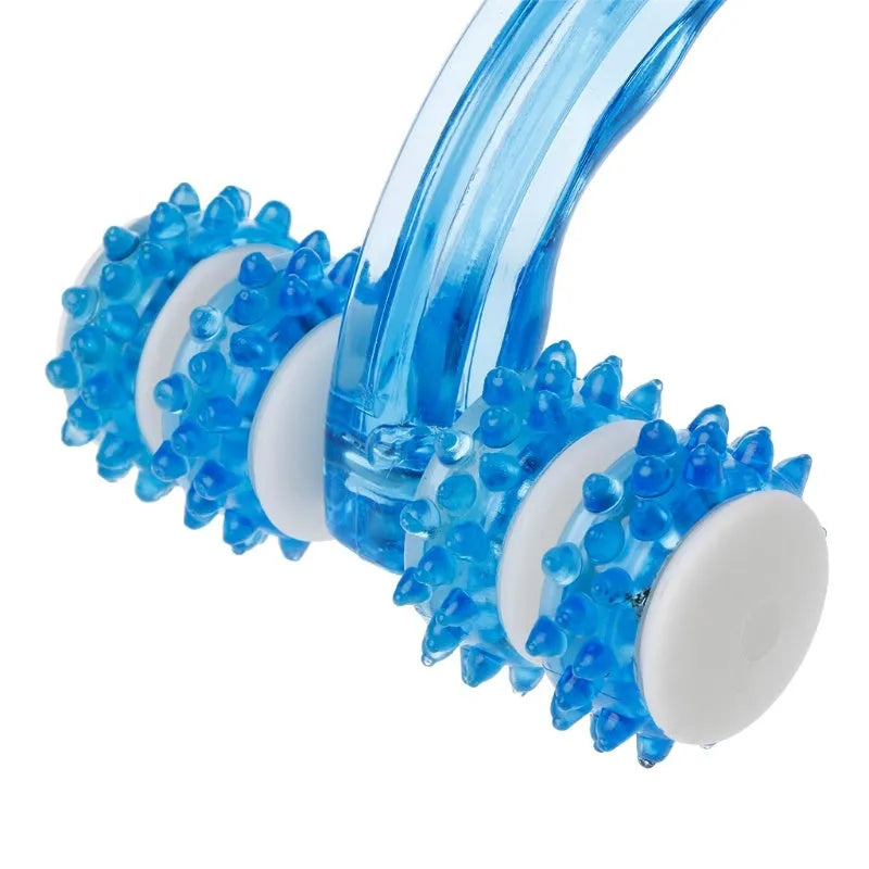 Blue plastic body massager with eight roller wheels and ergonomic handle, 13 x 9 cm, on a clean white background