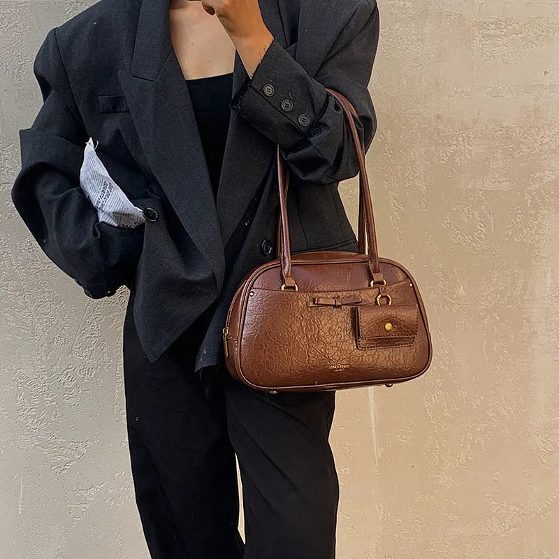 Women's retro PU shoulder bag in black with horizontal square shape and double shoulder straps