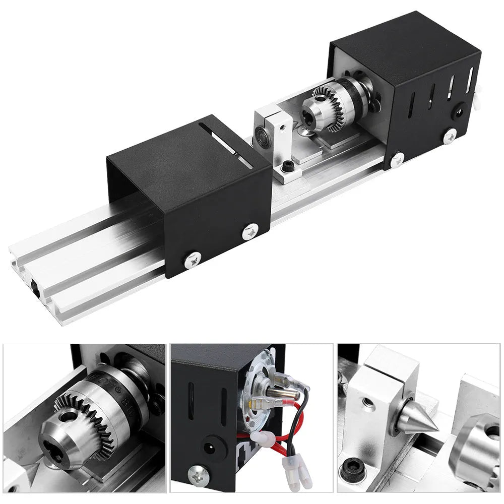 Silver metal mini woodworking lathe with carving knives and tools on workbench